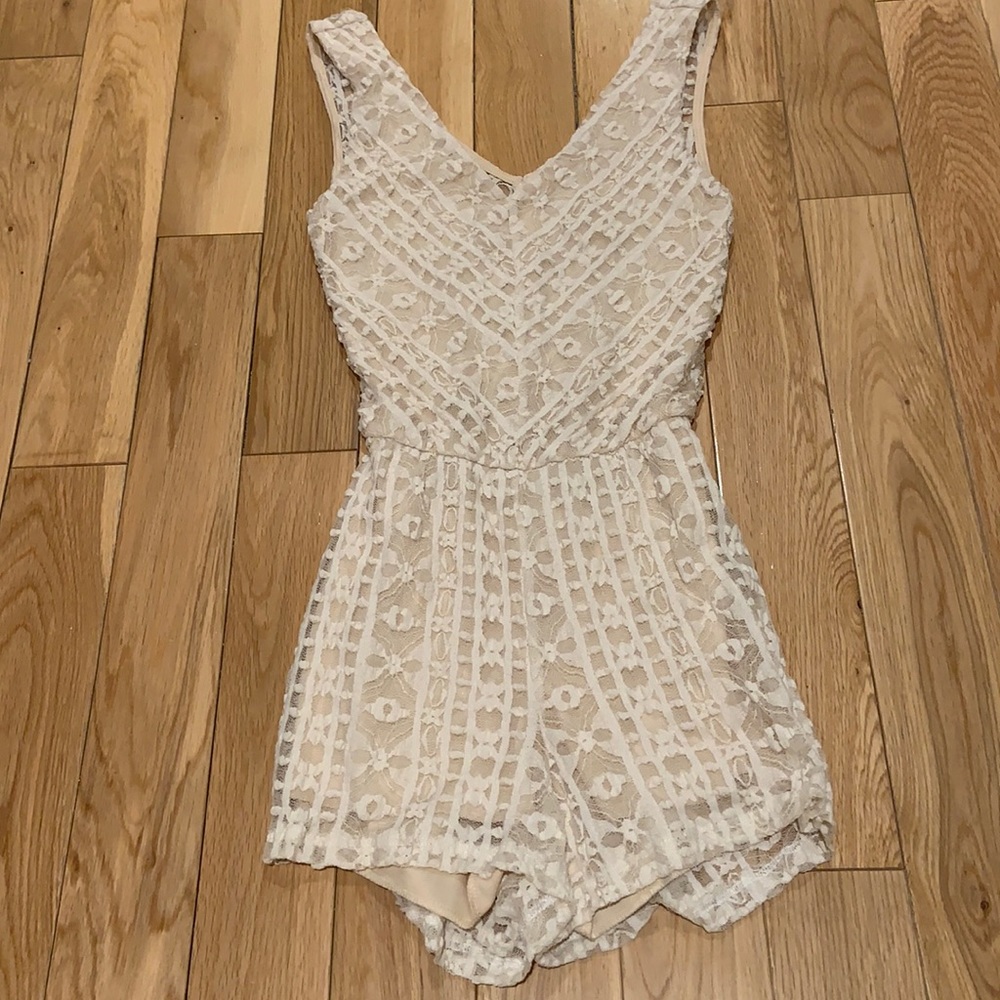 V Neck Light Tan Lace Cutout Romper